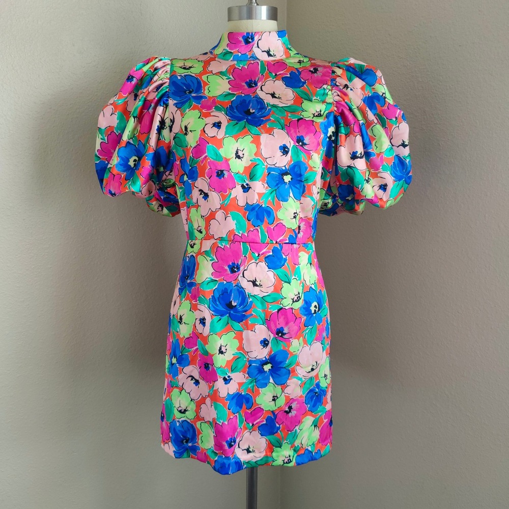 ROTATE Birger Christensen Floral Satin Puff Sleeve Mini Dress Open Back US 10